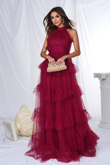 Bourgogne Halter Tiered Tulle A Line Long Prom Dress